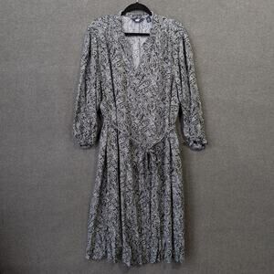 Lands End Midi Dress Womens 2X Rayon Split Neck Paisley Tie Waist Pockets